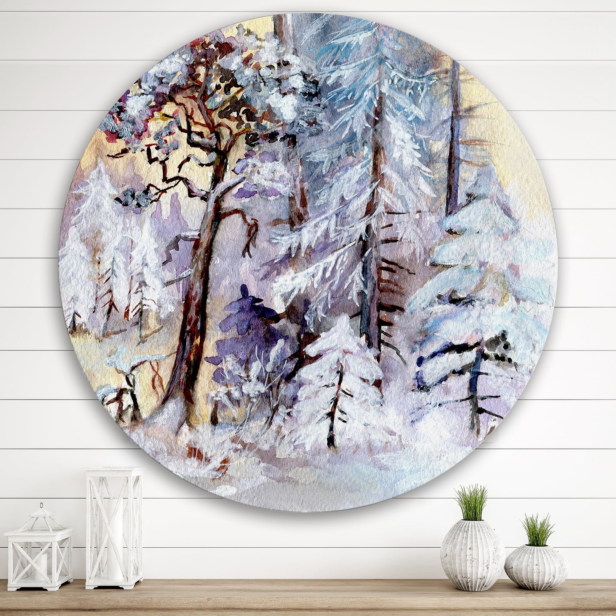 Designart 'The Lake With Winter Snowy Forest' Lake House Circle Metal Wall Art 36x36 - Disc of 36