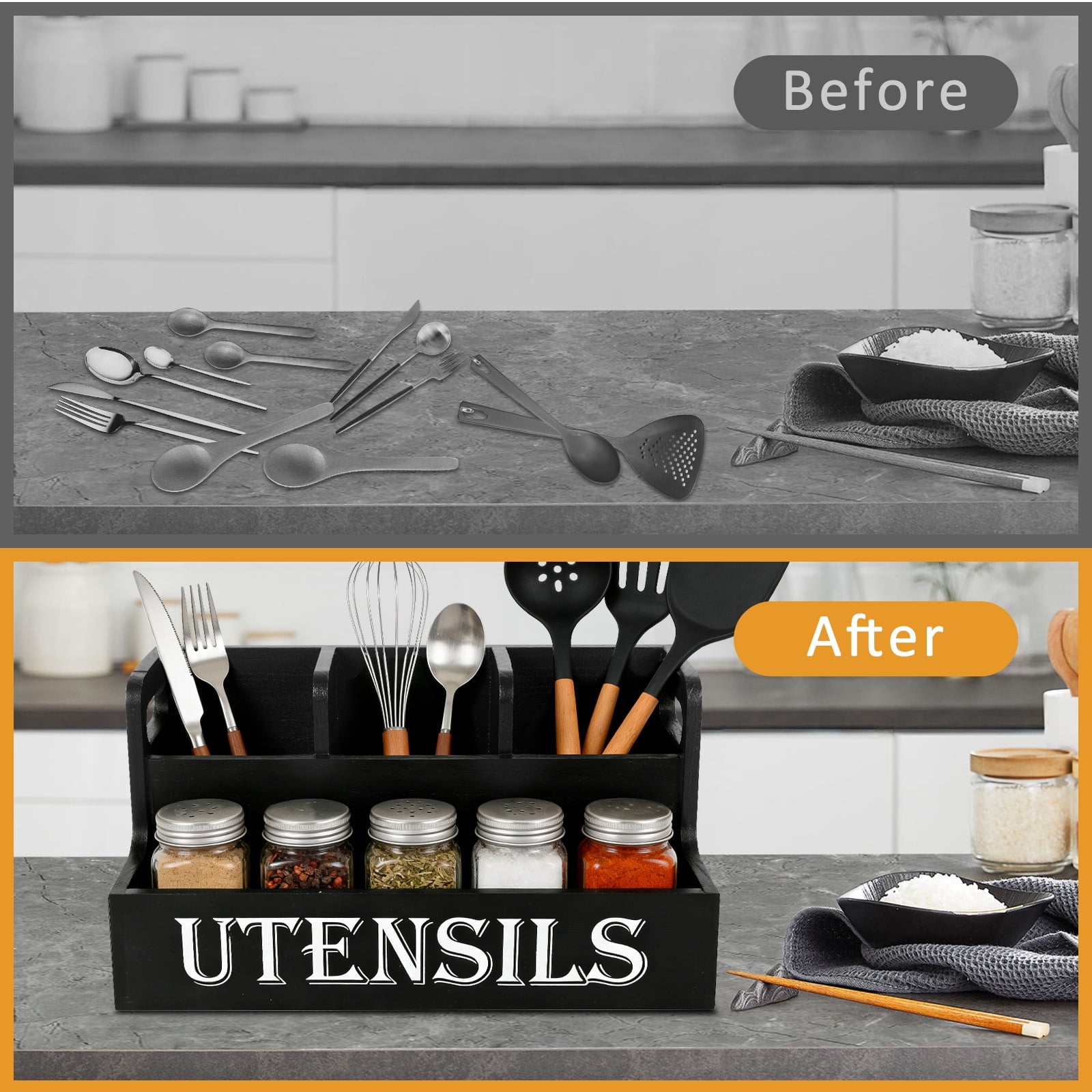 FUYGRCJ Extra Large Kitchen Utensils Holder with 4 Compartments, 2 Layers Wooden Utensil Organizer, Farmhouse Cooking Spatula Storage Caddy for Kitchen Countertop, Flatware Spoon Tool Organizer