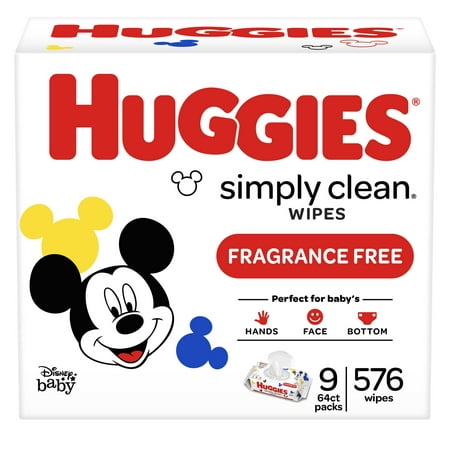 Huggies Simply Clean Baby Wipes, Unscented, 9 packs of 64 (576