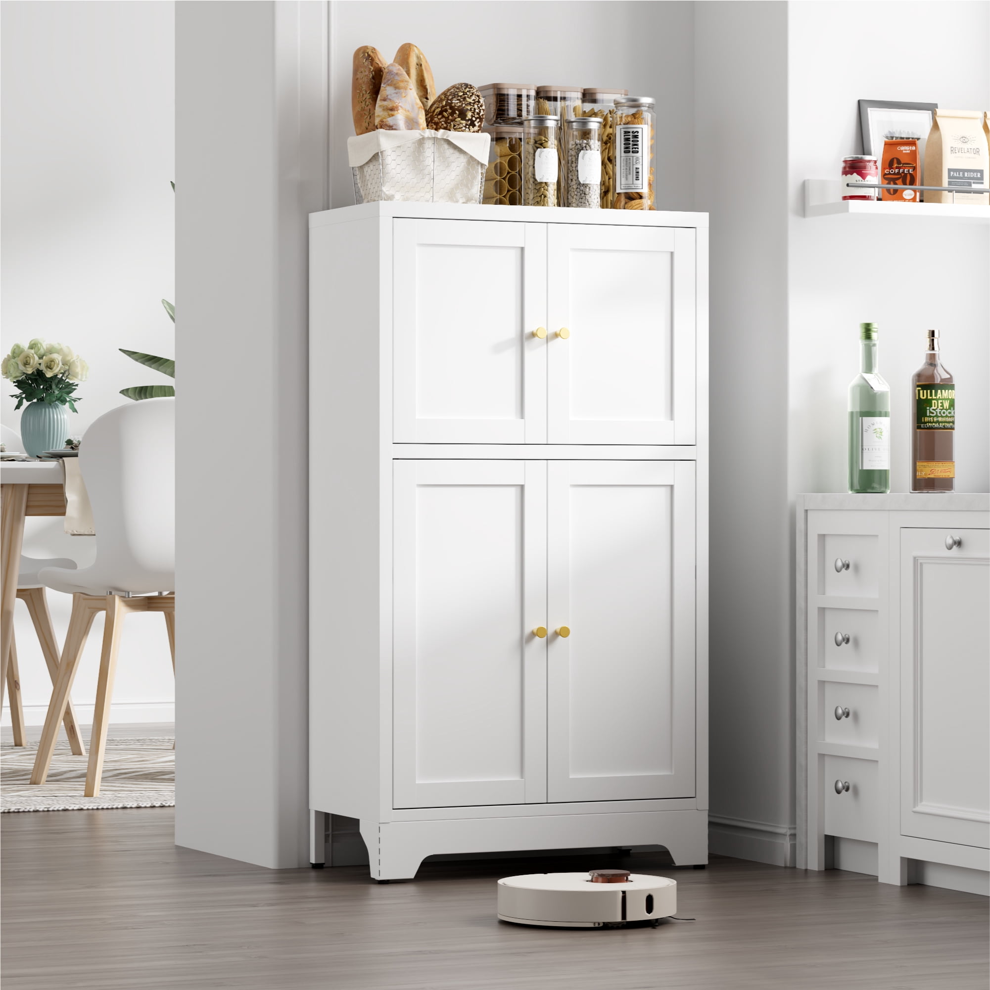 Elegant Bathroom Floor Cabinet,Metal Storage Cabinet,Sideboard with 4 Doors,Modern Metal Storage Locker for Bathroom,Living Room,Entryway,White