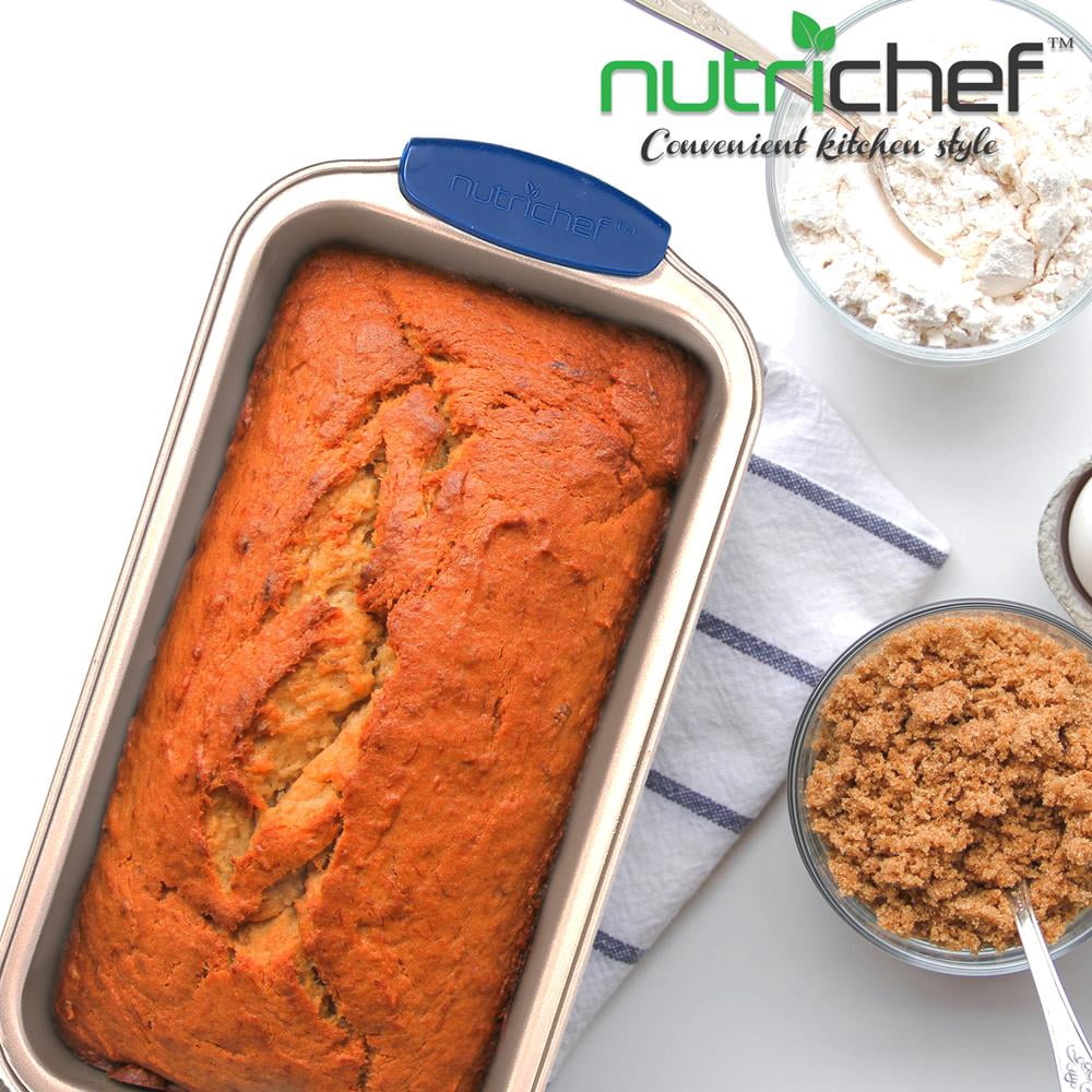 NutriChef Non-Stick Loaf Baking Pan, Deluxe Gold Carbon Steel Pan W/ Blue Silicone Handles, (Gold)