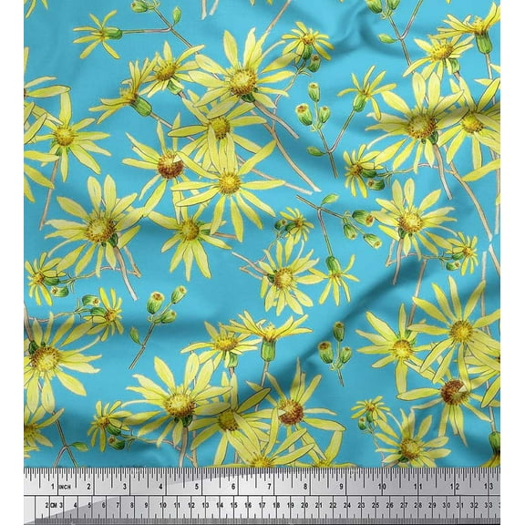 Soimoi Blue Cotton Duck Fabric Yellow Floral Decor Fabric Printed BTY 42 Inch Wide