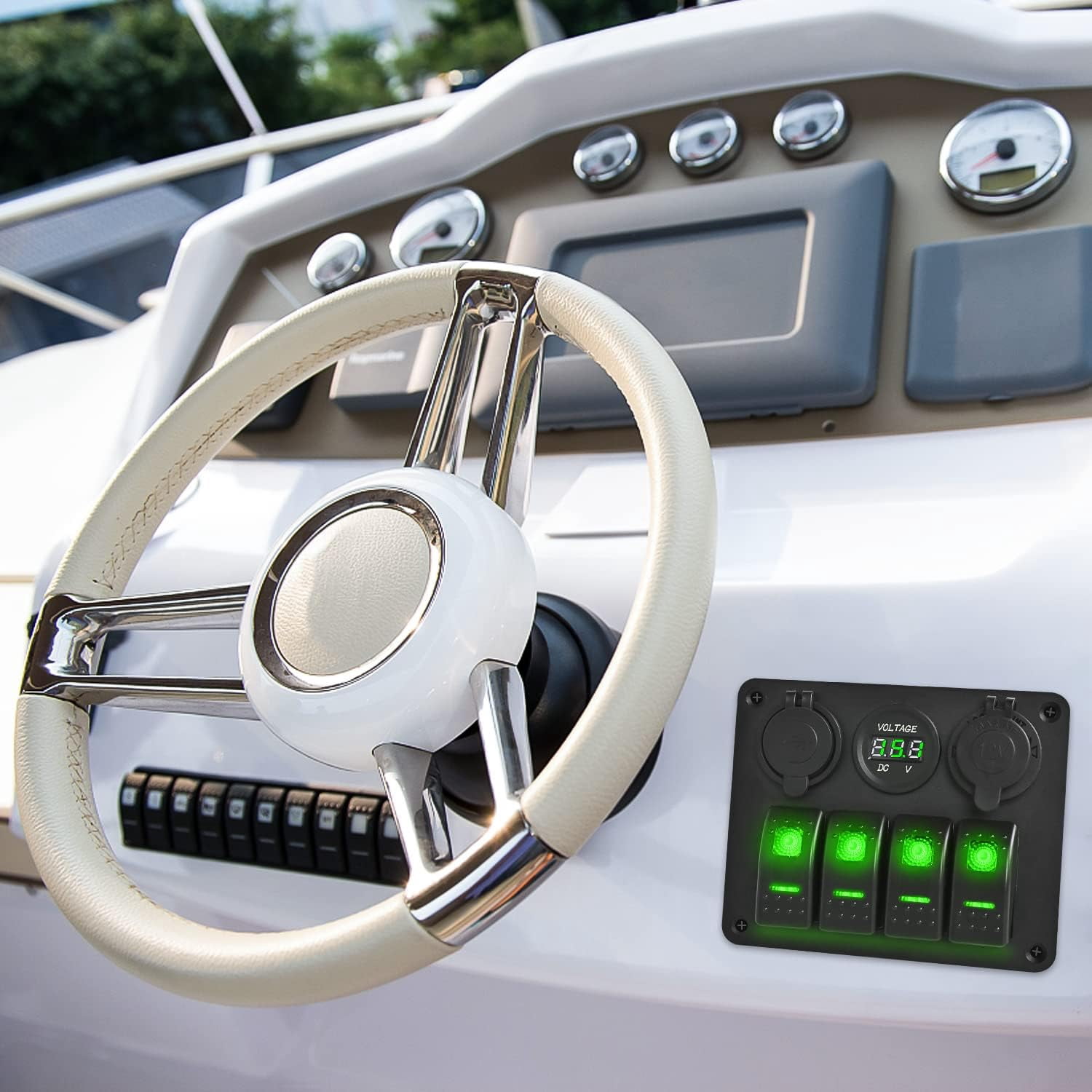 Waywe 4 Gang Rocker Switch Panel with USB Charger Voltmeter and Cigar Lighter 12V 24V Toggle Switch ON Off Rocker Switch Green for Cars Rvs Trucks