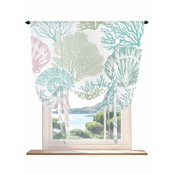 Ocean Coastal Tie Up Curtains for Windows 45 Inch Length Balloon Curtains Kitchen Adjustable Balloon Window Shade Sage Green Turquoise Shell Starfish Tie Up Valance Bathroom Curtain Window 42"x45"