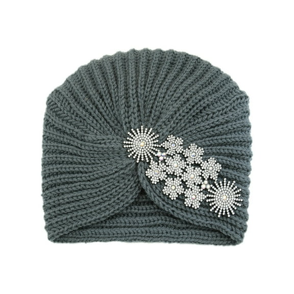 ZQUUVOU Women's Flower Rhinestone Turban Cap Muslim Pre Tied Beanie Headwrap Sequin Bonnet Stretch Pleated Hat Dark Gray A