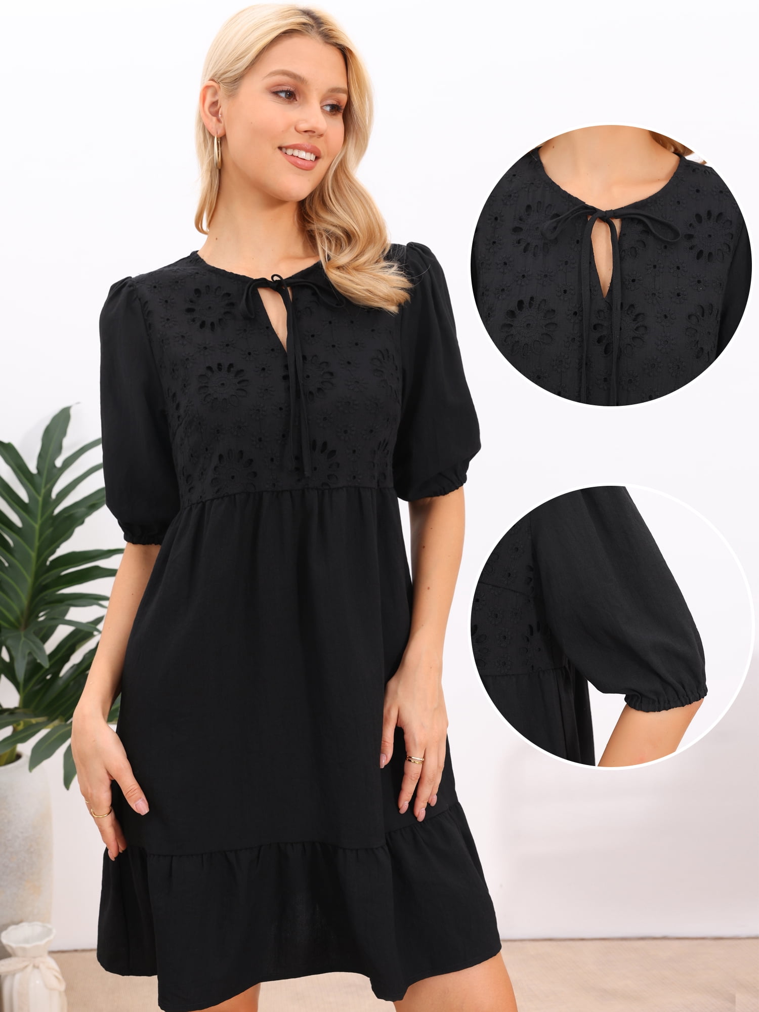 DARING DIVA Women's Babydoll Embroidered Eyelet Panel Short Sleeve Dresses L Black