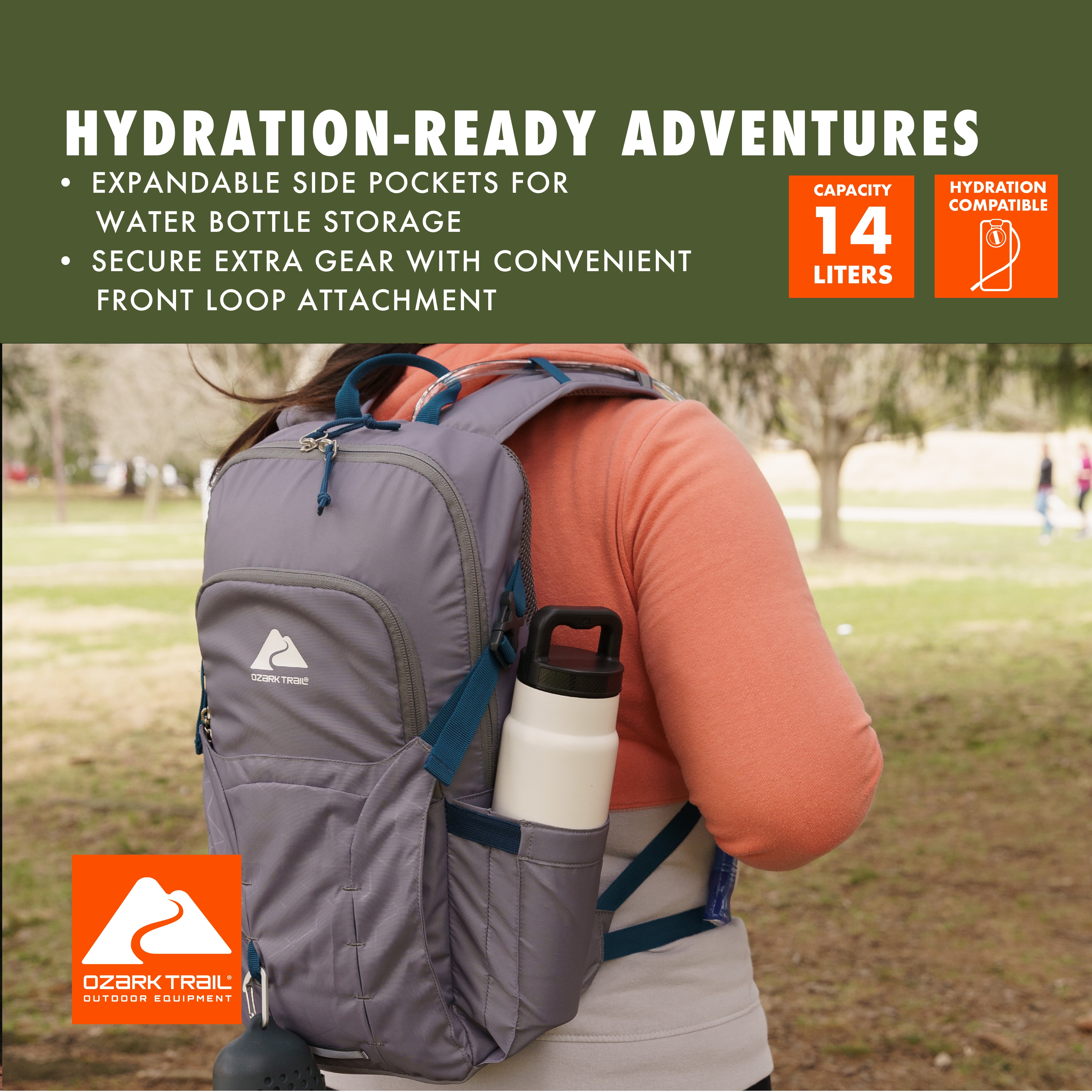 Ozark Trail 14L Hydration Pack, with Water Reservoir, Gray