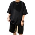 thumbnail image 2 of Conjunto de 2 piezas de verano para hombre, camisas y pantalones cortos de manga corta de punto gofre, chándal informal elegante para uso diario en la calle al aire libre, negro XL, 2 of 8