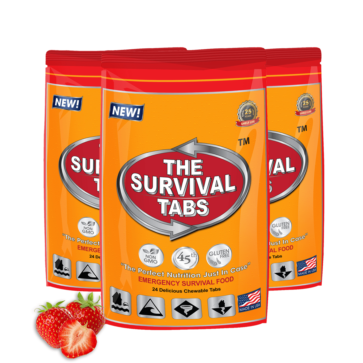 144 hours Emergency Food tablet none-GMO gluten-free 25 years shelf life 24 Tabs Strawberry x 3 pouches