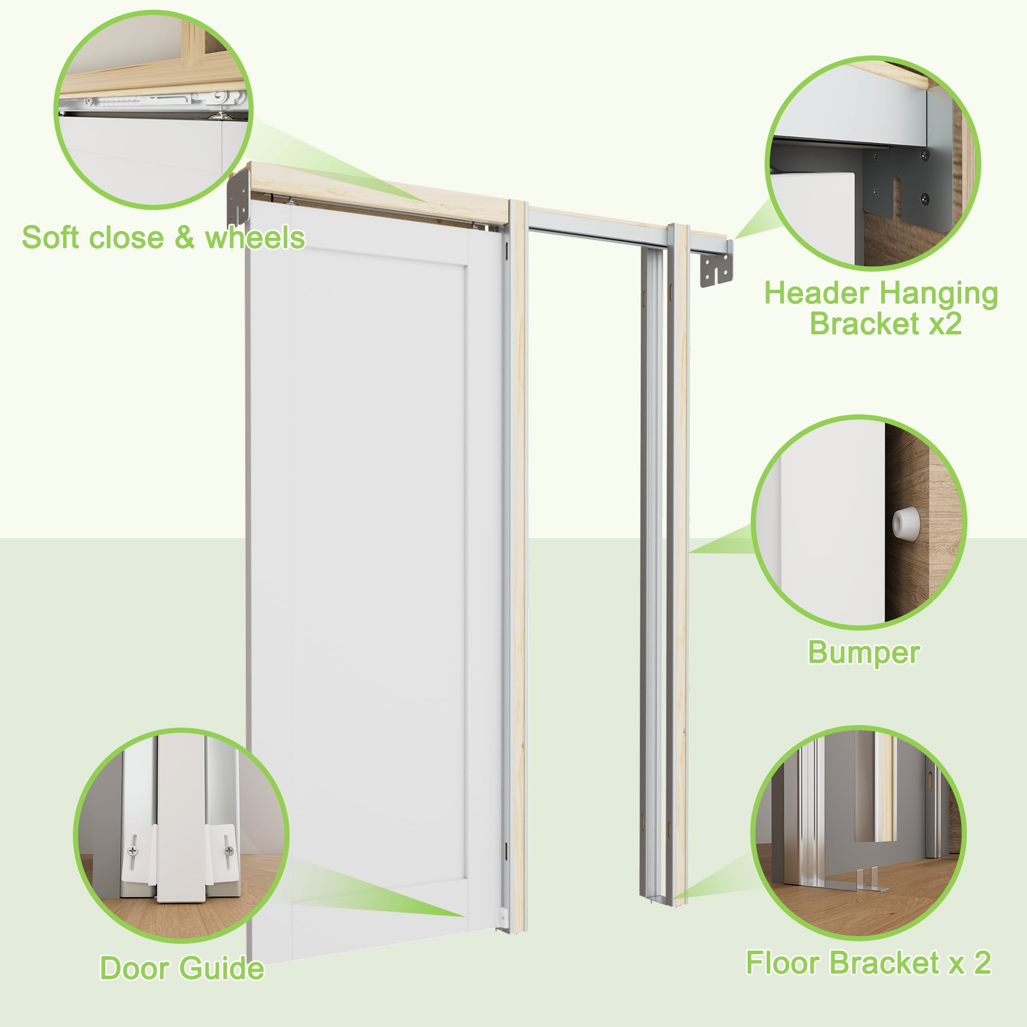 32" x 80" 6-Panel Pine Wood Interior Double Pocket Door, Natural Pine Wood, Paintable & Waterproof, As Laundry Doors, Closet Doors, Room Doors
