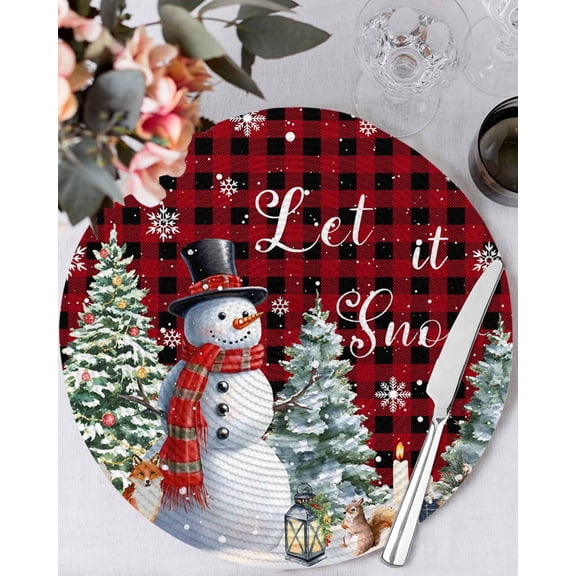 15 Inch Round Placemats Set of 4, Christmas Snowman Non Slip Heat Insulation PP Table Mats, Buffalo Plaid Farmhouse Xmas Tree Snowflakes Washable Place Mats for Kitchen Dining Party Table Decor