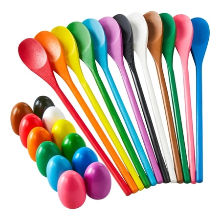24PCS Easter Egg and Spoon Race Game Set, 12 Wooden Spoons & 12 Colorful Eggs, Outdoor Party Game for Kids & Family, Carnival Lawn Games for Easter, Birthday, School Activities