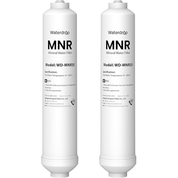 Waterdrop MNR35-2 Remineralization Filters, Restore Essential Minerals | 1/4" & 3/8" Quick Connect Filter for Undersink Reverse Osmosis System, RO Mineral Filter System, 2-Pack