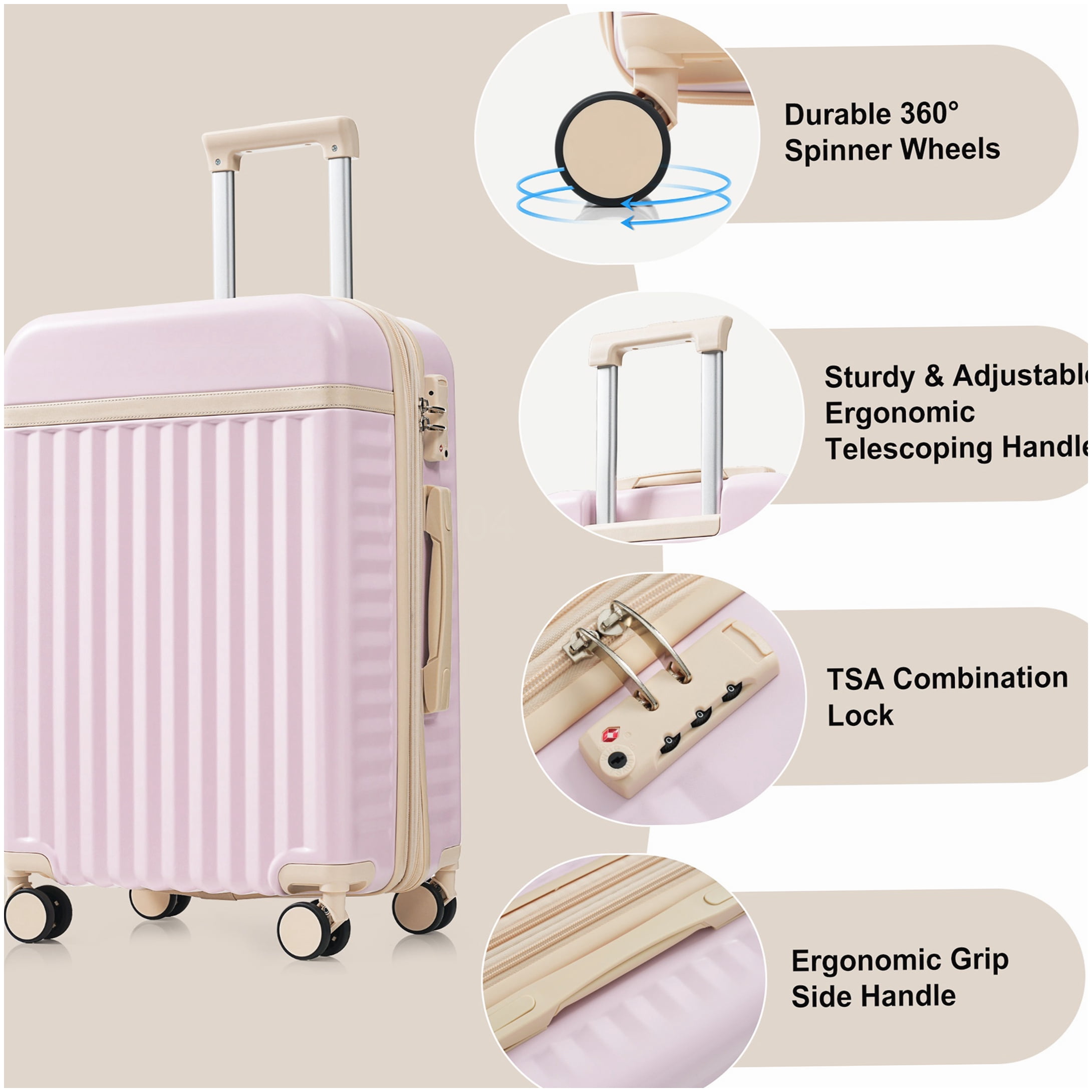 MANGIJOY Airline Approved Carry-On Luggage Set with USB Port, Front Opening Design, Light Pink ABS Hardshell &; 360 Spinner Wheels, 3-Piece