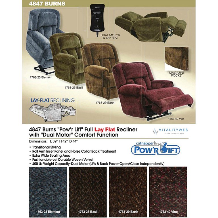 Catnapper burns 4847 power dual motor infinite position full lay flat sale lift chair recliner