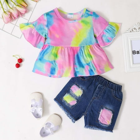 

Leutsin Baby Boys Short-Sleeve Bodysuit Toddler Kids Baby Girls Summer Tie-dyed Top Ripped Denim Shorts Clothes Suit