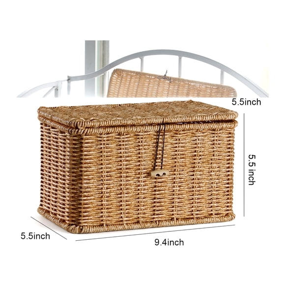 Renyuanyuan Seagrass Woven Round Storage Basket with Lid, Handmade Rattan Desktop Organizer, 5.5x9.4x5.5in