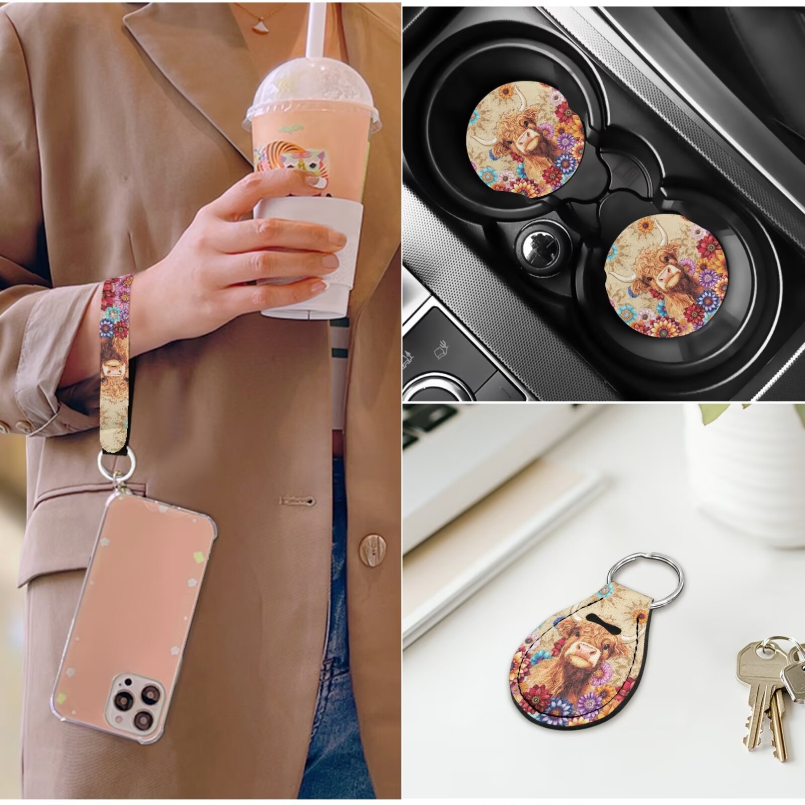 Yuyamidu Highland Cow Car Seat Cover Set of 14 Colorful Dalia Steering Wheel Cover Seat Belt Pad Car Headrest Cover Coaster Armrest Cover Keychain for Truck Sedan
