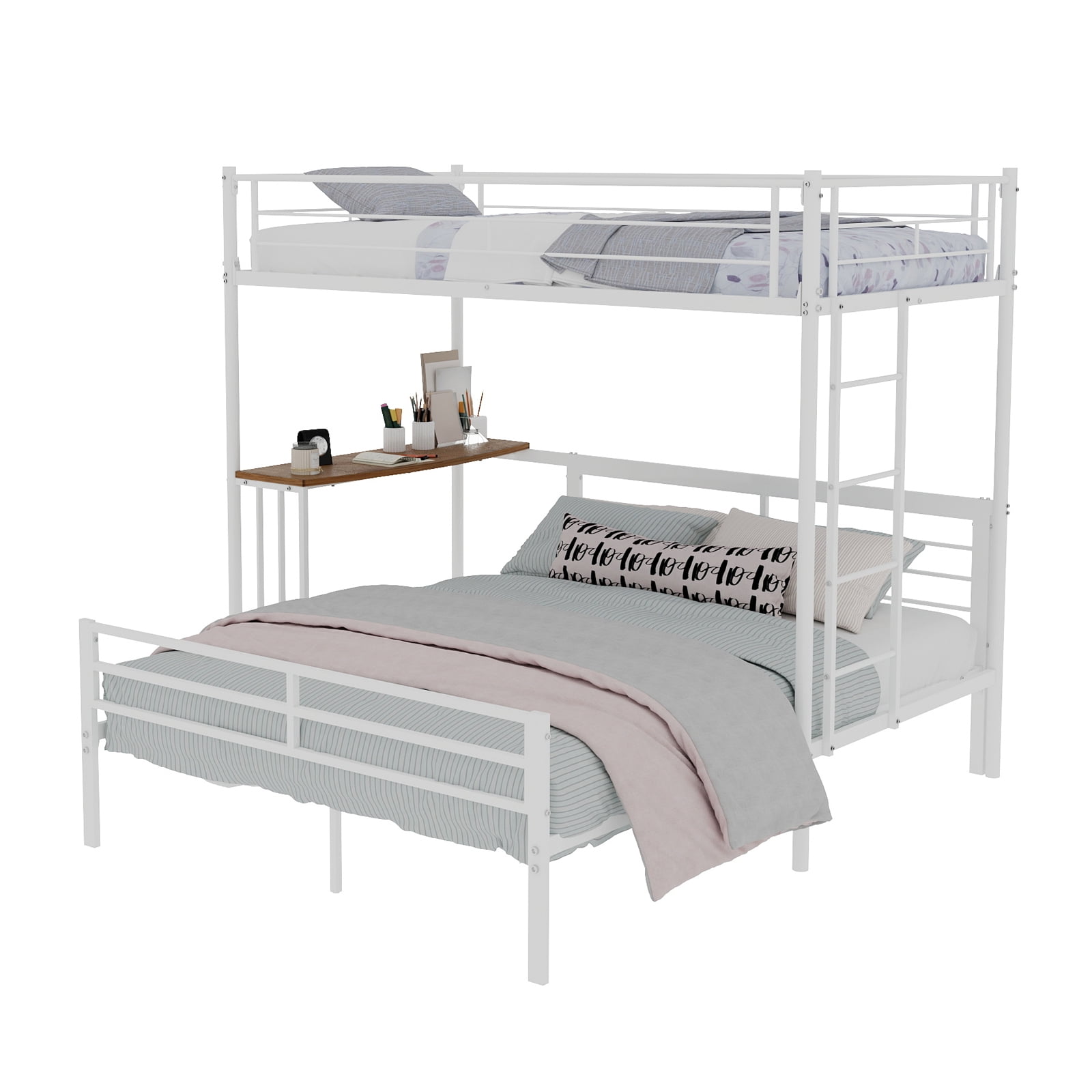 Mintazer Twin Over Full Metal Bunk Bed with Desk, Bunk Bed Frame with Guardrails and Ladder for Bedroom Dorm Apartment, White