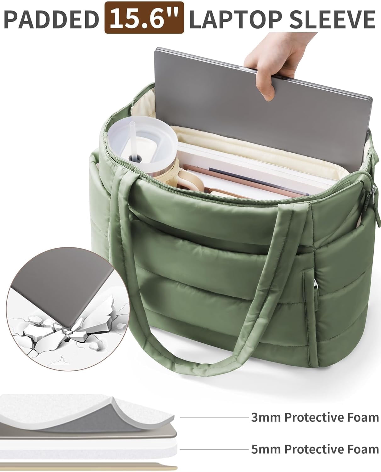 ZUTOYBOLIN Puffer Tote Bag for Women, Lightweight Puffy Work Handbag Teacher Nurse Quilted Shoulder , Daily College Bags, 15.6" Computer Bag, Clinical Nursing Bag, Ideal Gift for Women.Green