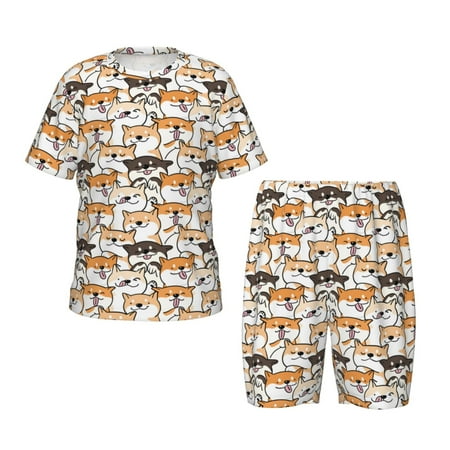 Sikiie Shiba Inu Dog Print Children s Short-sleeved Pajamas Set  Round Neck Top with Elastic Waist and Shorts  Two-piece Set  Suitable for Pajamas and Home Clothes-Small