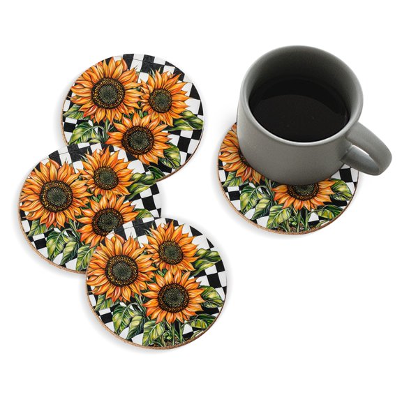 Coasters for Drinks Bar Beer,Set of 4 ,Round Wooden Housewarming Gift,Acrylic Painting Of Sunflowers