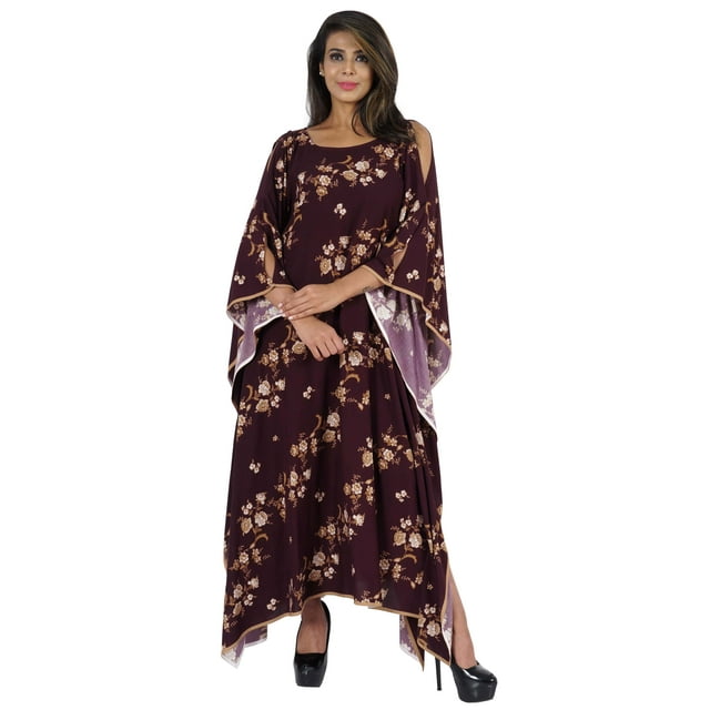Moomaya Boat Neck Caftan Rayon Cover Up Printed Cold Shoulder Kaftan Maxi Dress