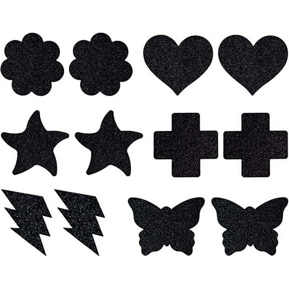 Glitter Collection - 6 Pairs of Disposable Glitter Assorted Shape Breast Petals Nipple Cover Pasties (Black)