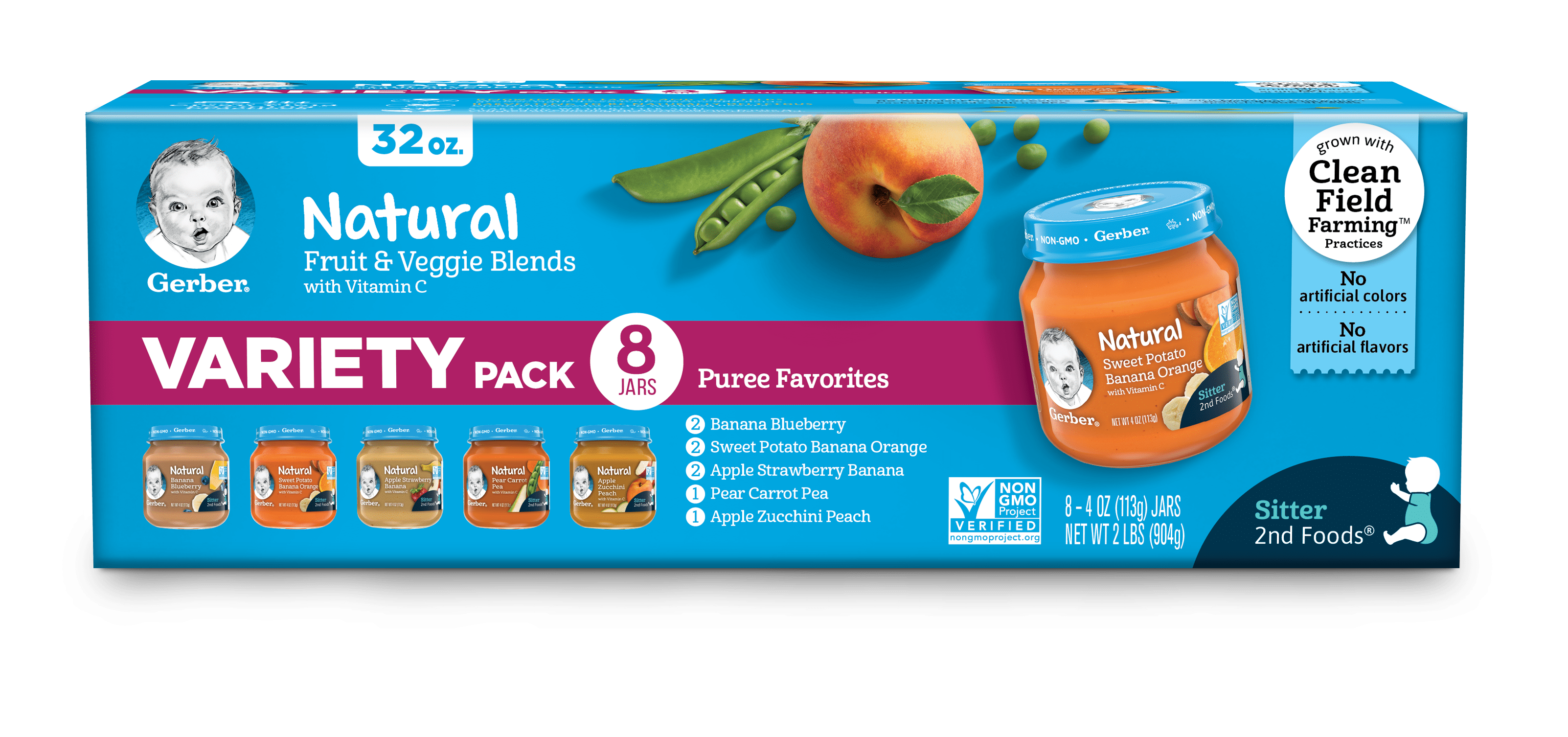 Gerber Natural Stage 2 Baby Food, Variety Pack, 32 oz Jar, 8 Pack