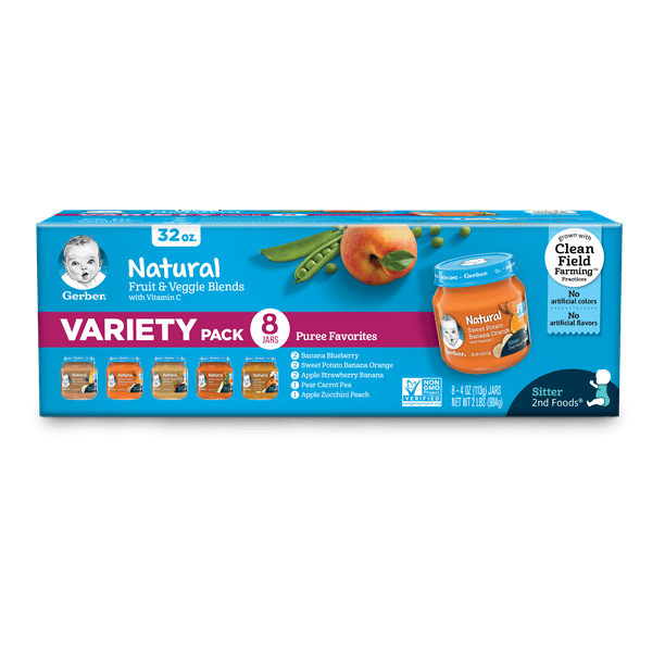 Gerber Natural Stage 2 Baby Food, Variety Pack, 32 oz Jar, 8 Pack