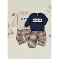 thumbnail image 3 of Qmyliery Boys Autumn 2Pcs Pants Sets Long Sleeve O Neck Rugby Embroidery Tops Plaid Pants Sets, 3 of 9
