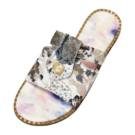 

DVKOVI Women s Fashion PU Slip On Shoe Casual Open Toe Slides Flowers Prints Flat Slipper Soft Bottom Roman Style Shoes Sandals Slippers 6.5 to 9 Size