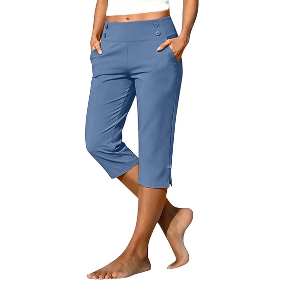 Drses‌‌ Women's High Waist Pull On Stretch Straight Leg Capri Pants, Elastic Waist Lightweight Dressy Work Golf Yoga Slacks with Pockets for Summer Travel Casual Workout