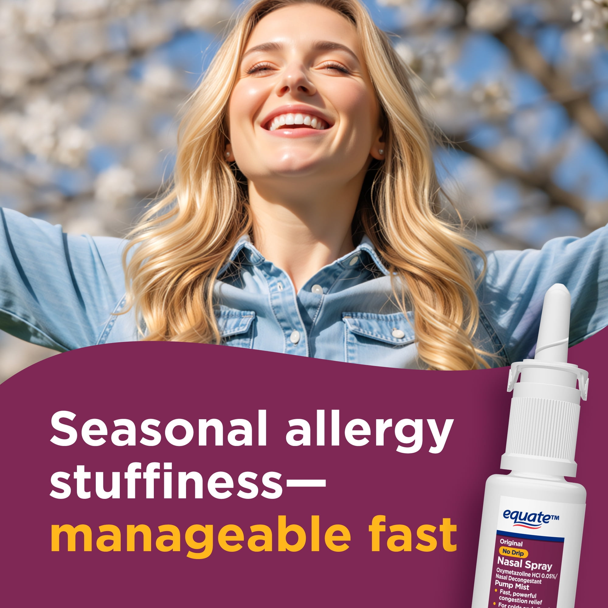 Equate Original No Drip Nasal Spray Oxymetazoline HCl 0.05% Nasal Decongestant, Maximum Strength, 12 Hour, 1 fl oz, Compare to Afrin® No Drip Active Ingredient