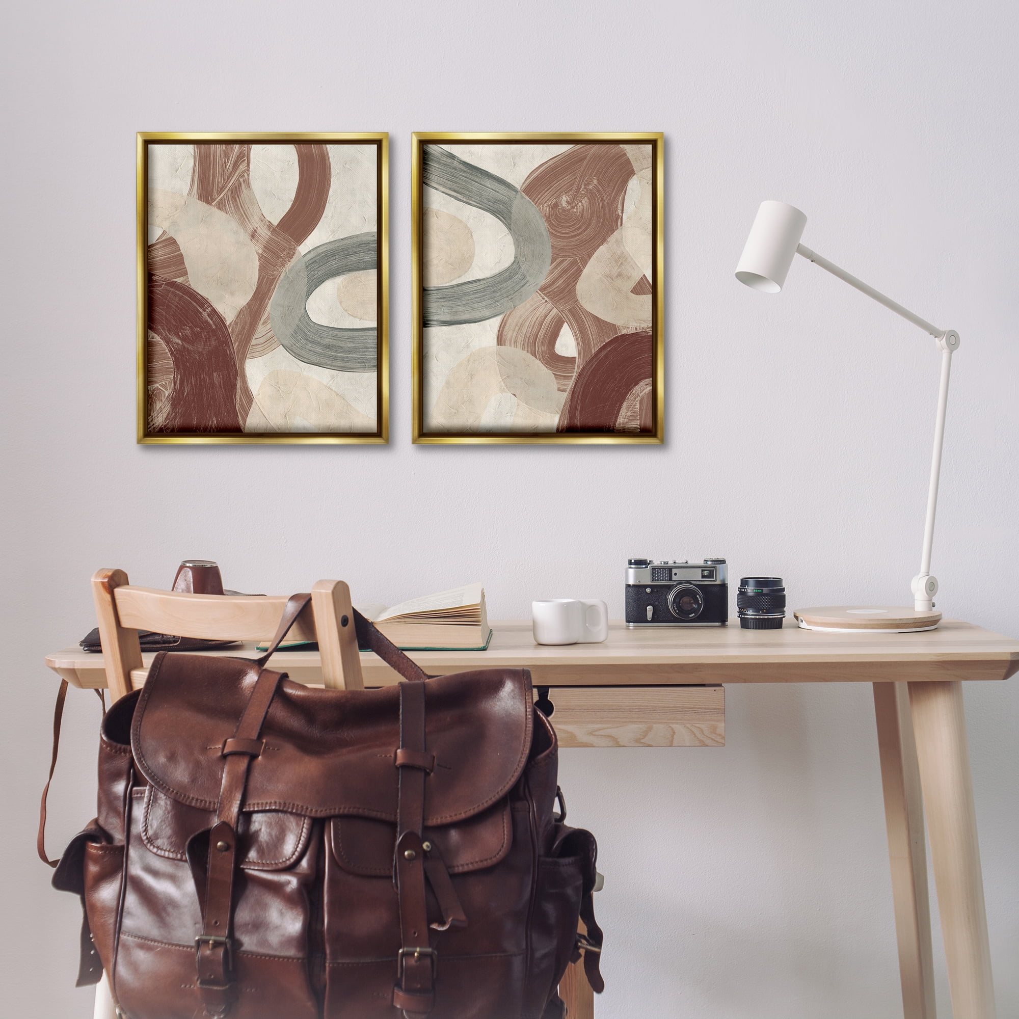 Stupell Industries Curvy Abstract Swirls Abstract Painting Gold Floater Framed Canvas Art Print Wall Art, 17 x 21, Set of 2
