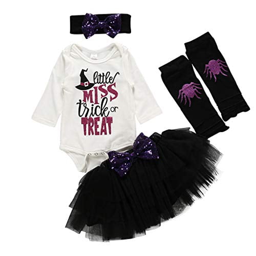 Infant Baby Girl Outfit Little Miss Trick or Treat Romper Tutu Skirt Leg Warmers Headband Playwear Black,0-3 Months
