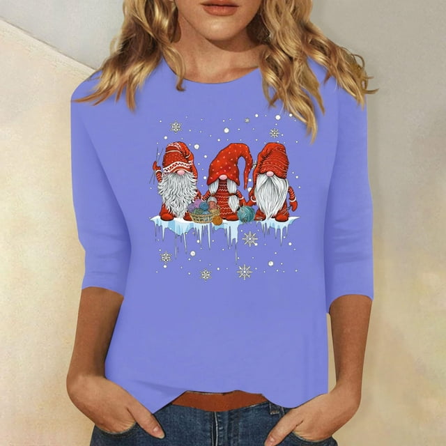 Meichang Hauts de Noël pour Femmes Manches 3/4 Col Rond Gnomes Graphiques T-Shirts Blouse Décontractée de Vacances en Solde Cadeaux de Noël