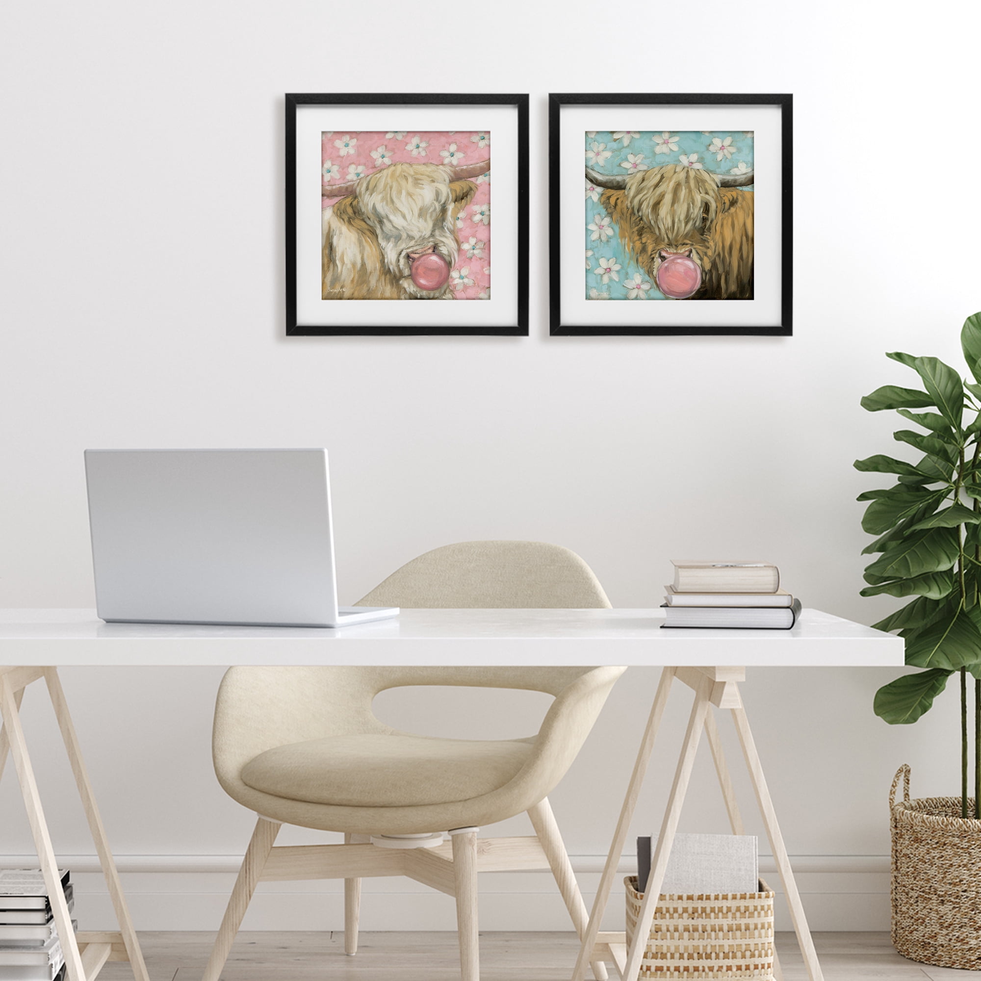 Stupell Industries Cute Bubblegum Highland Cattles 2 Piece Black Framed Print Under Glass Set, design by Sara G. Designs