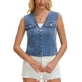 thumbnail image 4 of Women's Cropped Denim Vest V Neck Western Button Up Sleeveless Jean Waistcoat Jacket S Light Blue, 4 of 6