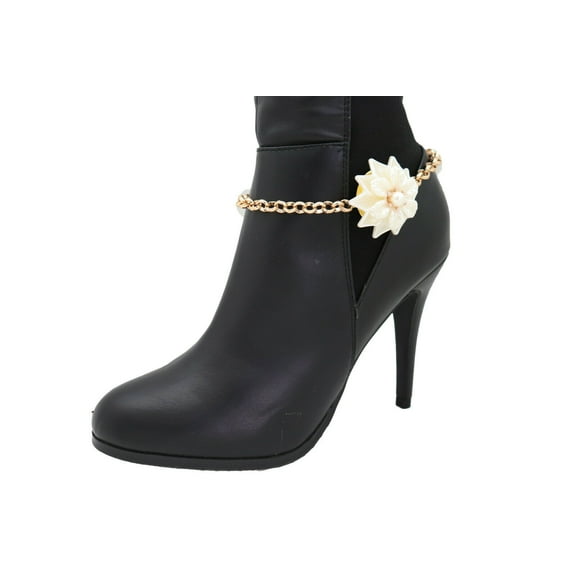 Women Gold Metal Western Boot Chain Bracelet Shoe Anklet Cream Bead Flower Charm