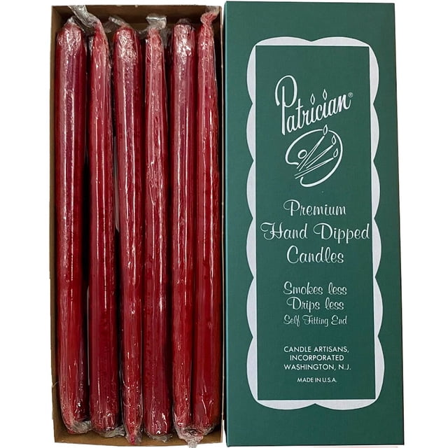 Patrician Hand Dipped Taper Candles 12 Pack Burgundy, Dripless and Smokeless
