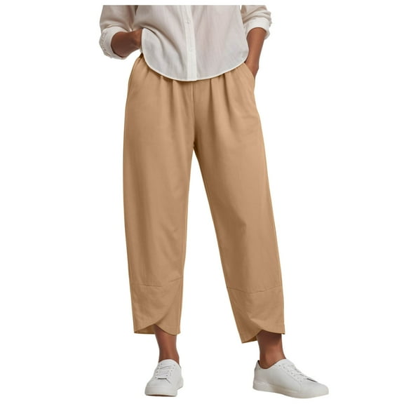 GEWSEY Cotton Linen Pants Women Elastic High Waist Straight Leg Lounge Pants Casual Slacks Summer Trouser with Pockets (Khaki, L)