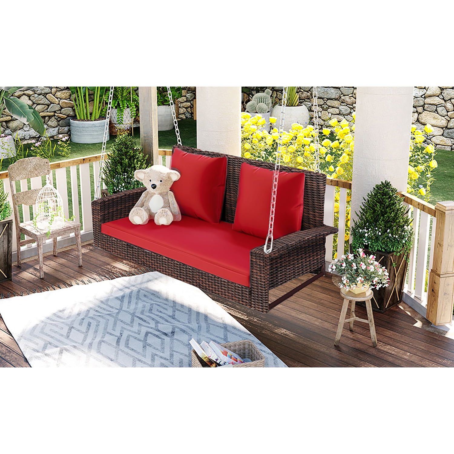 Kadyn 2-Person Wicker Hanging Porch Swing, Rattan Swing Bench with Chains, Cushion and Pillow, Outdoor Swing Chair for Garden, Backyard, Brown-Red Kadyn 2-Person Wicker Hanging Porch Swing, Rattan Swing Bench with Chains, Cushion and Pillow, Outdoor Swing Chair for Garden, Backyard, Brown-Red