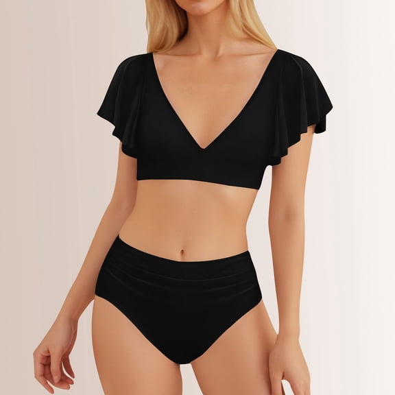 Wuxian Women 2 Piece Bikini Set Solid Color Swimwear Short Puff Sleeve Square Collar Crop Top Push Up Bra High Waist Ruffled Lace Up Fashionable Cozy Bathing Suit Swimsuit,Black,L