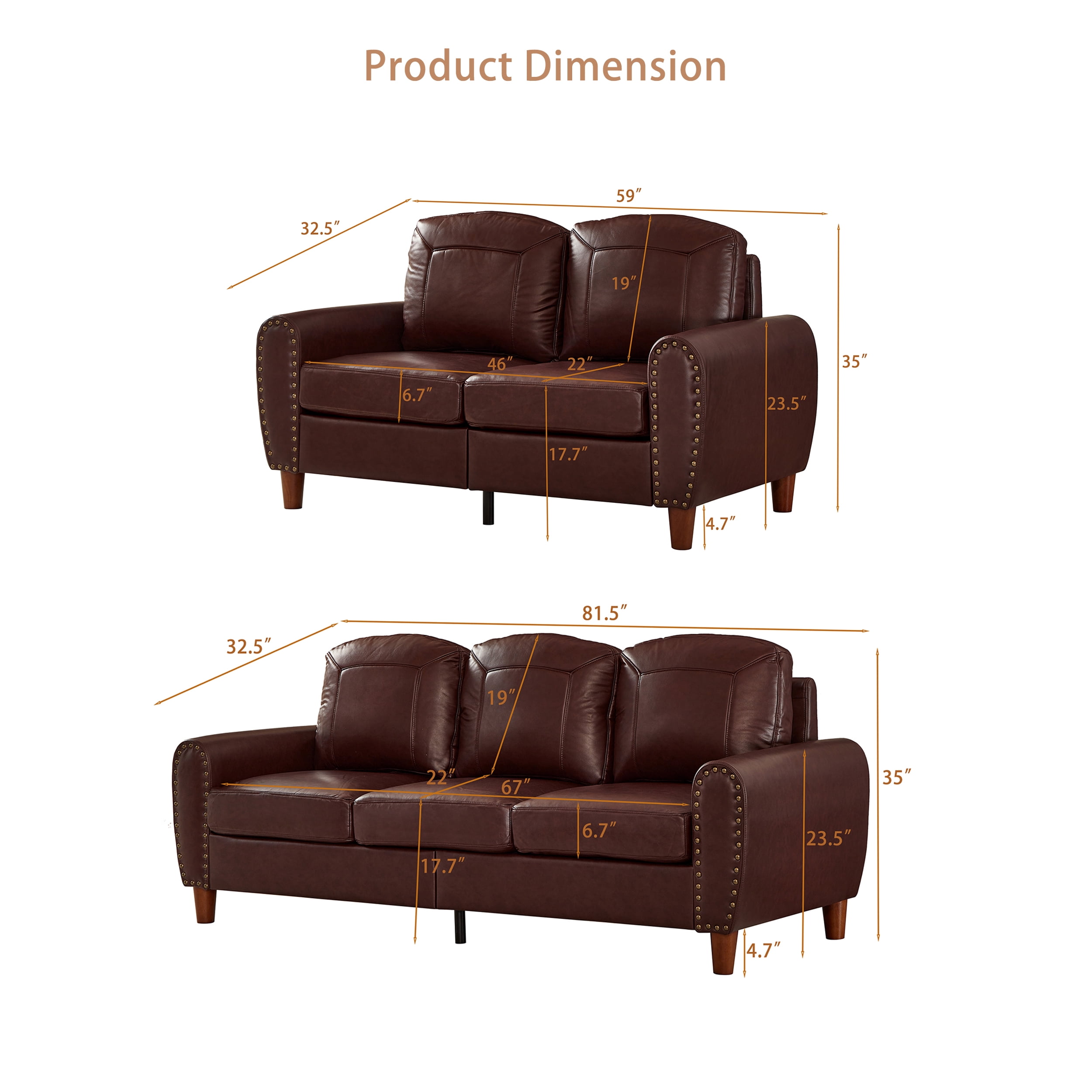2-Piece Faux Leather Sofa Set,Classic Rolled Arm Loveseat & 3-Seater Sofa Couch with Brass Nailhead Trim & Solid Wood Legs,Apartment,Living Room,Burgundy