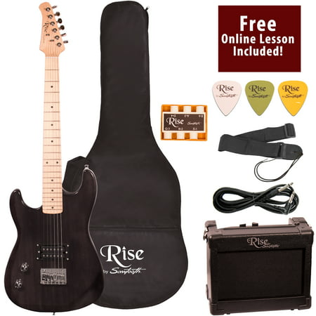 Rise by Sawtooth Left Handed 3/4 Size Beginner's Electric Guitar with Gig Bag Soft Case, Amp & Accessories, Transparent