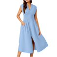 thumbnail image 6 of qolati Summer Dresses for Women Elegant V Neck Zip Up Cap Sleeve Smocked Elastic Waist Split Midi Dress Cocktail Party Casual Dresses with Pockets, 6 of 9