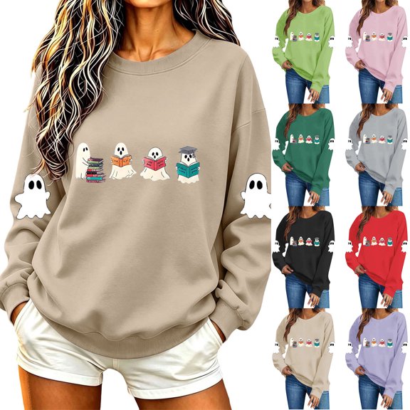 TKLPEHG Womens Halloween Sweatshirt 2026 Fashion Bookish Reading Ghost Graphic Sweatshirt For Book Lover Long Sleeve Crewneck Funny Pullover (Green,XL)