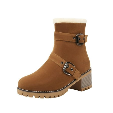 

Qufokar Jean Boots for Women Knee High Womens Fuzzy Boots Size 8 Ladies Fashion Suede Side Zipper Short Boots Belt Buckle Plush Thick High Heel Cotton Boots