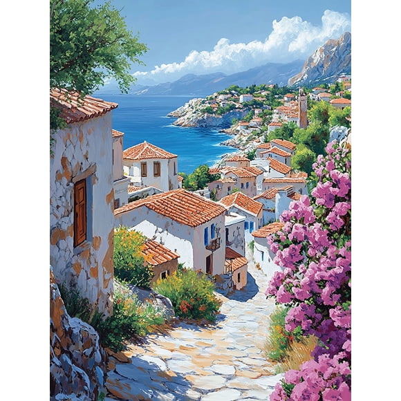 Mediterranean Coastal Town Canvas Wall Art, Suitable for Living Room, Dining Room, Office, and Hotel Decoration.